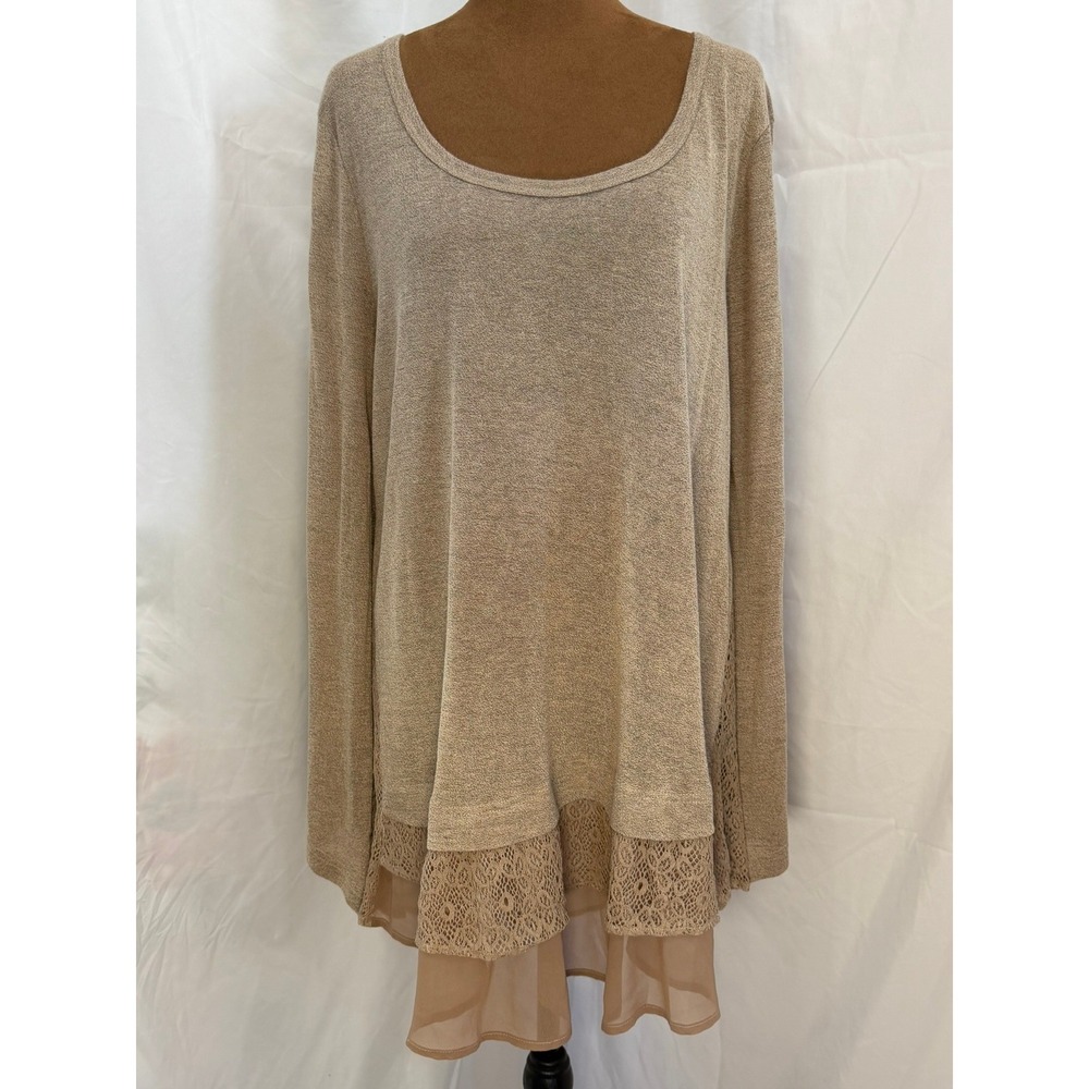 r2 Tan Marl Knit Layered Lace Chiffon Hem Tunic Top Womens Medium Y5174